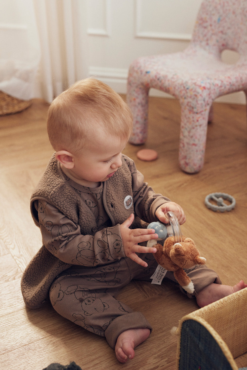 Tiny One Baby bukser i rib med teddy print Leggings 307 Taupe Grey AOP